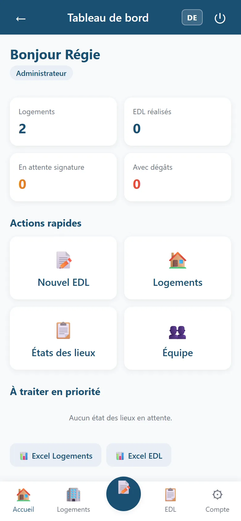 Tableau de bord EDLAI de la régie avec la liste des logements