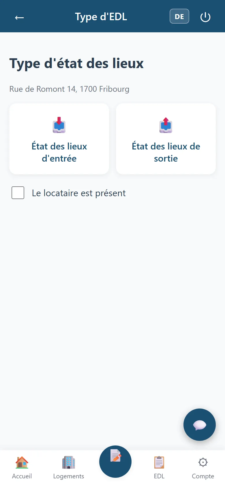 Écran de choix du type d'état des lieux dans EDLAI